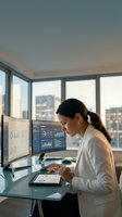 Professional businesswoman analyzing financial data on multiple monitors in modern office with city skyline view during golden hour for corporate presentations.