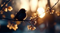 Small bird silhouette perched on blooming spring branch at sunset, golden bokeh background creates dreamy nature atmosphere. Suitable for greeting cards.