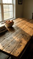 Rustic wooden table with bowl of apples near sunlit window in farmhouse interior, showcasing natural light and vintage home decor styling.