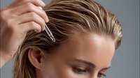 Young caucasian woman applying hair serum or oil treatment to wet blonde hair using dropper against gray background, beauty and haircare concept.