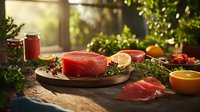 Fresh raw tuna steaks on wooden board with herbs, citrus and spices in moody natural lighting, food photography for restaurant menu and cooking blogs.