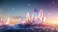 Magical crystal formation glowing at sunset with pink and purple hues, bokeh light effects and sparkles on dark surface. Mystical mineral background.