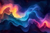 Vibrant aurora-like waves in orange, blue, and purple colors flow across dark space background creating mesmerizing abstract pattern with cosmic atmosphere.
