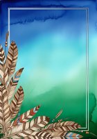 Watercolor gradient background transitioning from deep blue to turquoise to green with decorative feathers featuring tribal patterns and ornamental details on left and bottom borders, isolated on white with silver frame for design projects.