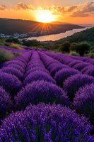 Purple lavender field rows at golden sunset with dramatic sky, rolling hills and distant lake creating stunning agricultural landscape for aromatherapy and wellness.