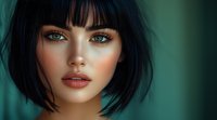 Young woman with black bob haircut and bangs, bright green eyes, and coral lipstick against turquoise background. Dramatic portrait highlighting natural makeup and flawless skin.