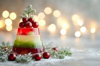 Festive layered jelly dessert with fresh cranberries and evergreen sprigs on light background with golden bokeh lights, holiday food styling.