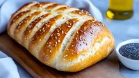 Fresh baked bread loaf with sesame seeds on wooden cutting board, golden brown crust with diagonal slashes and glazed surface, served with poppy seeds and oil.