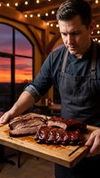 Professional chef presenting sliced barbecue brisket on wooden cutting board in rustic restaurant kitchen with warm lighting for culinary marketing.