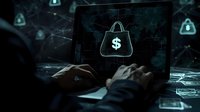 Hands typing on laptop with glowing money bag icon, digital security concept against dark background with network connections and lock symbols.