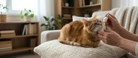 Elderly person administering liquid medicine with a dropper to a calm ginger cat lying on a couch in a cozy living room.