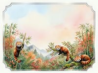 Red pandas in bamboo forest landscape with mountains and decorative border frame for nature wildlife design projects.