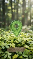 Green location pin symbol floating above lush forest vegetation with eco-navigate wooden sign, representing sustainable tourism and environmental navigation.