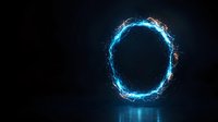 Glowing blue energy ring portal with electric sparks floating in dark space, mystical light reflection on surface. For fantasy and sci-fi designs.