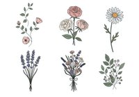 Botanical line art illustrations of isolated flowers and herbs including roses, daisies, lavender and foliage. Hand-drawn floral elements ready for design projects, invitations, and decorative applications.