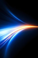 Abstract curved light trails in blue and orange colors against black background create dynamic motion effect for technology and space designs.