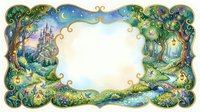 Enchanted fairy tale forest frame with magical castle, mystical trees, glowing lanterns and whimsical creatures creating decorative border for fantasy storytelling.