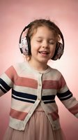 Happy young girl with curly hair wearing floral headphones and striped cardigan laughing with joy on pink background for music and childhood concepts.