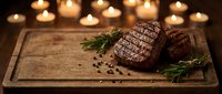 Grilled beef steaks with rosemary herbs on wooden cutting board with warm candlelight ambiance for restaurant menu and culinary advertising.