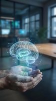 Human hands holding glowing digital brain hologram with neural network connections in modern office environment for AI and technology concepts.