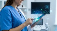 Female healthcare professional using digital tablet with holographic data visualization in modern medical facility for telemedicine applications.