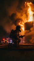 Firefighter in protective gear battles intense flames during emergency response operation with dramatic orange smoke and fire backdrop for safety training materials.