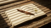 Elegant wooden pen rests on blank paper with dried grass, creating warm shadows on rustic wood surface for writing and stationery concepts.