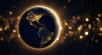 Planet Earth with glowing golden rim showing North and South America continents at night with city lights against starry space background with bokeh effects.