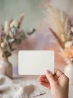 Hand holding blank white card with dried flowers and pampas grass arrangement in soft neutral tones, suitable for greeting cards, invitations, and stationery design mockups.