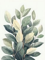 Watercolor botanical arrangement of sage green and cream leaves on branches with delicate shading and organic composition, perfect for nature-inspired designs.