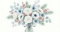 Watercolor winter wedding bouquet with white roses, anemones, eucalyptus, pine branches and red berries on cream background for holiday greeting cards.