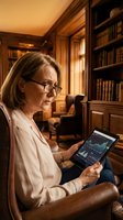 Middle-aged woman with glasses reviewing financial data on tablet in warm-toned library setting. Suitable for business, finance, technology, and professional development content.