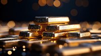 Stacked gold bars with reflective surface against dark background with bokeh lights creating luxury financial wealth concept and investment theme.