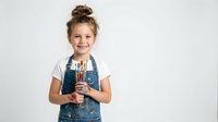 Young girl artist holding paintbrushes wearing denim apron smiling at camera isolated on white background ready for creative art projects and design.