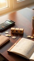 VAT tax calculation concept with wooden blocks, calculator, coins and notebook on office desk for business accounting and financial planning.