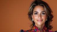 Young Hispanic woman with bright smile wearing colorful floral pattern blouse against brown background, professional headshot portrait with natural makeup and wavy hair.