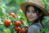 Young Asian woman in straw hat smiling while harvesting fresh red tomatoes in garden. Natural sunlight illuminates organic produce and cheerful farmer.