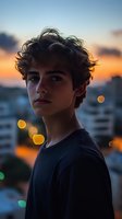 Young male with curly hair against urban sunset backdrop, bokeh lights creating dreamy atmosphere. Moody portrait captures contemplative expression with warm evening glow.