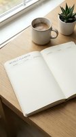 Open weekly planner notebook on wooden desk with steaming coffee mug and succulent plant, cozy morning workspace for productivity and planning.