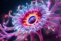 Microscopic view of glowing sea anemone in neon pink and blue colors against dark background, showing detailed tentacles and central opening with luminescent effect.