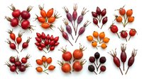 Rosehip berries and flowers isolated on white background, arranged in botanical clusters for design, packaging, and culinary projects.