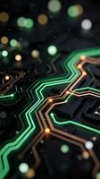 Glowing neon circuit board with green and orange light trails on dark background, bokeh lights, technology and digital innovation concept for web design and tech industry.