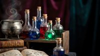 Magical potion bottles with colorful liquids and smoking cauldron create mystical alchemy laboratory scene for fantasy themes and Halloween decorations.