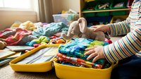 Young child with light skin tone organizing colorful clothing into yellow storage bins, sorting and folding garments on floor with messy pile in background, teaching organization and tidiness habits.