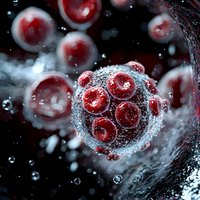 Red spherical virus particles with spiky surface floating in dark microscopic environment, dramatic scientific visualization showing molecular detail.