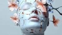 Surreal portrait of face with cracked porcelain texture, adorned with delicate pink and blue flowers, gold accents emerging from fissures. Artistic fashion concept.
