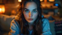 Young woman with intense blue eyes and long brown hair in dramatic orange and teal lighting creates moody cinematic atmosphere. Natural beauty portrait in night ambiance.