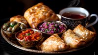 Traditional Middle Eastern appetizer platter with fresh baked pastries, marinated olives, tomato salad, beetroot salad and hot black tea served on ornate copper plate.
