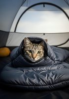 Tabby cat wrapped in black sleeping bag inside camping tent, looking at camera with alert expression during outdoor adventure.