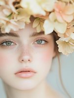 Young Caucasian woman with green eyes and natural makeup surrounded by soft peach and cream flowers for beauty and skincare concepts.